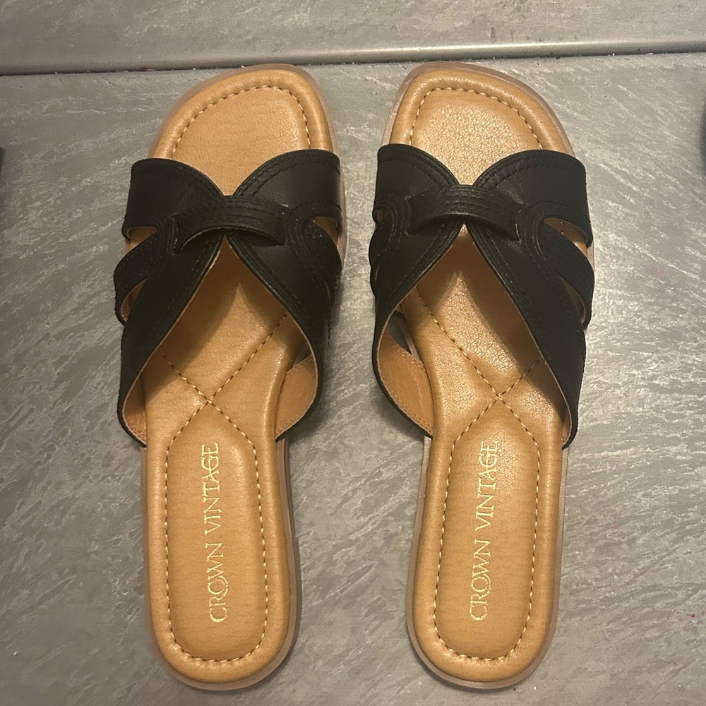 NEW Black Slide Sandals with Tan Footbed. Size 9